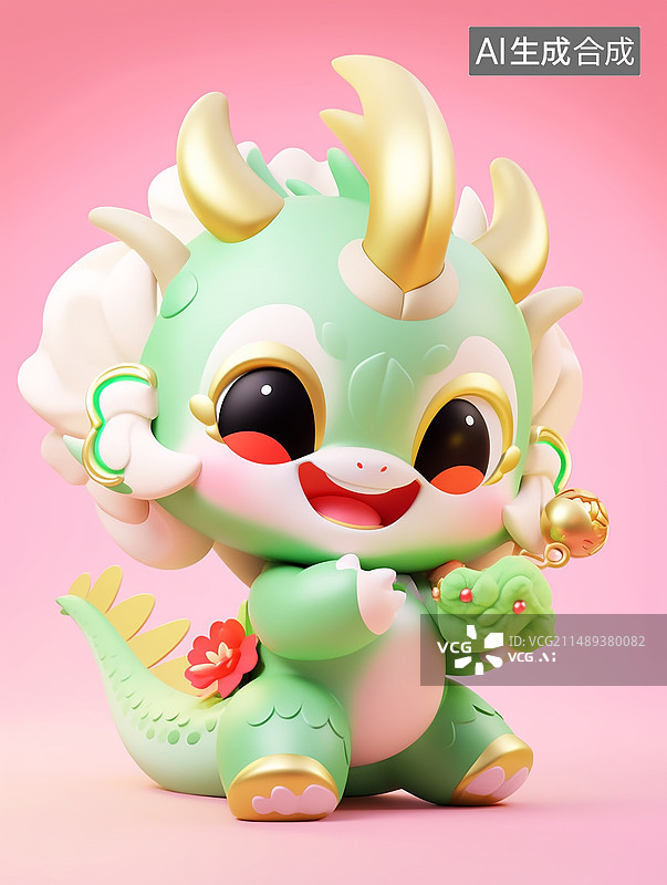 【AI数字艺术】中国龙可爱形象卡通3D泡泡玛特风纯色背景图片素材
