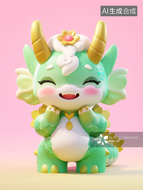 【AI数字艺术】中国龙可爱形象卡通3D泡泡玛特风纯色背景图片素材