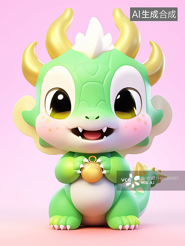 【AI数字艺术】中国龙可爱形象卡通3D泡泡玛特风纯色背景图片素材