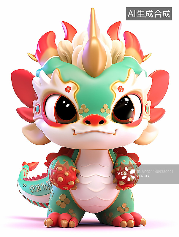 【AI数字艺术】中国龙可爱形象卡通3D泡泡玛特风纯色背景图片素材