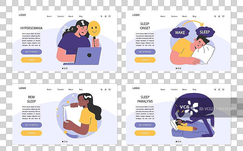 失眠网页或着陆页设计，包含不同的人物图片素材