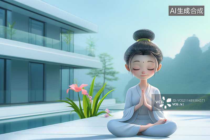 【AI数字艺术】山林中一个现代建筑风格的酒店露台上有一个练瑜伽的年轻女性图片素材