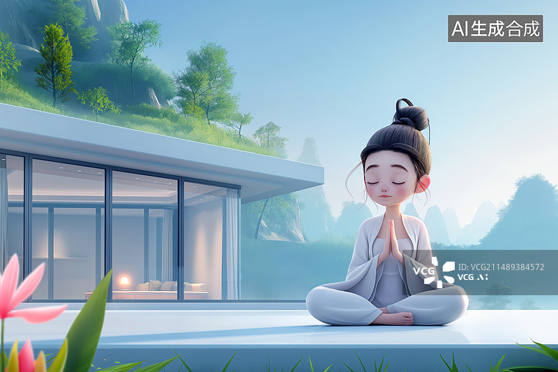 【AI数字艺术】山林中一个现代建筑风格的酒店露台上有一个练瑜伽的年轻女性图片素材