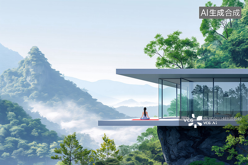 【AI数字艺术】山林中一个现代建筑风格的酒店露台上有一个练瑜伽的年轻女性图片素材