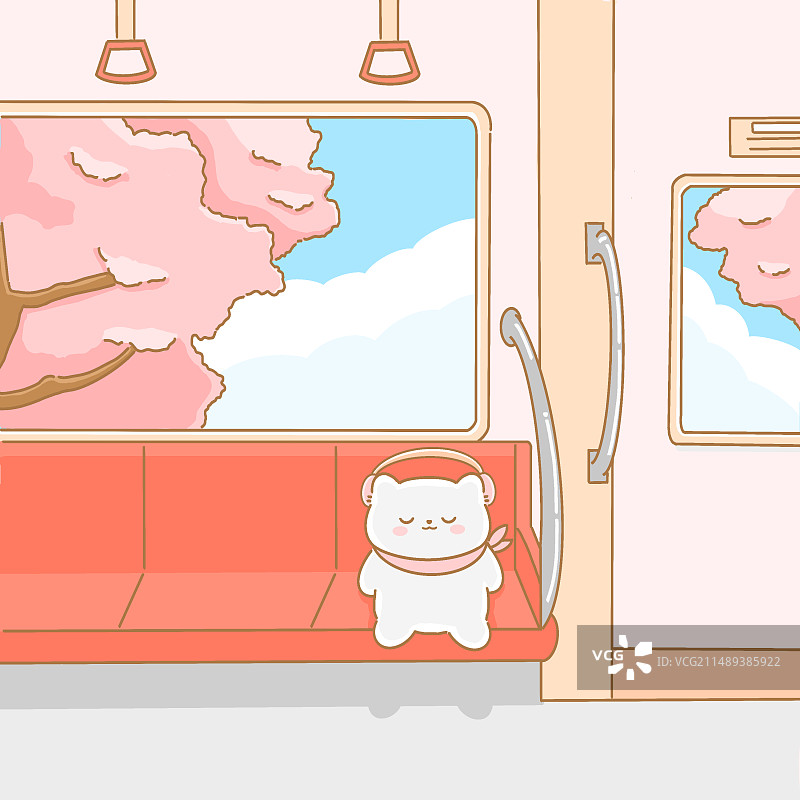 地铁里的猫咪窗外的樱花图片素材