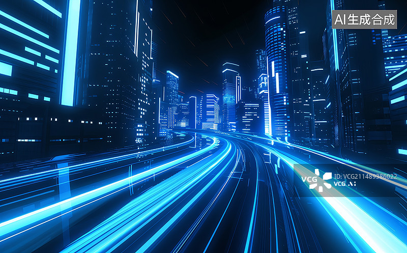 【AI数字艺术】蓝色发光城市和高架图片素材