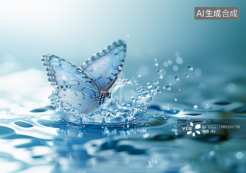 【AI数字艺术】玻璃质感的蝴蝶在水面溅起水花图片素材