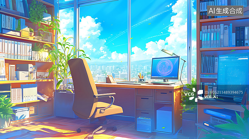 【AI数字艺术】书房与办公桌插画背景图片素材