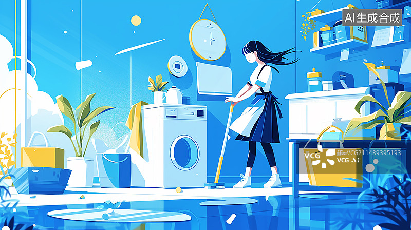 【AI数字艺术】扁平风插画打扫卫生图片素材