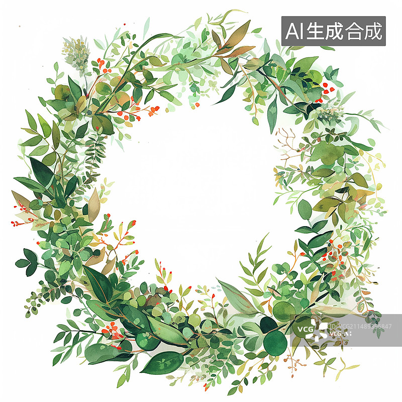 【AI数字艺术】绿色系小清新植物花环水彩风插画图片素材