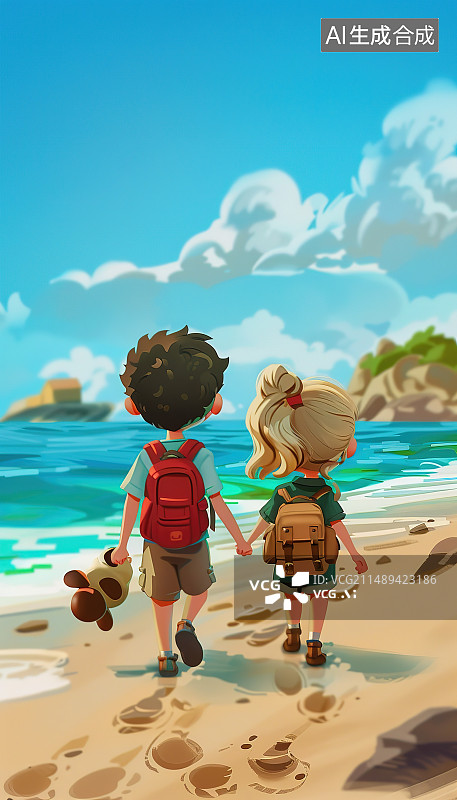 【AI数字艺术】一对情侣在沙滩上散步的后视图图片素材
