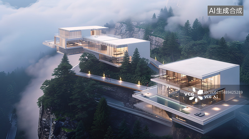 【AI数字艺术】航拍云雾缭绕的雪景中的小村庄图片素材