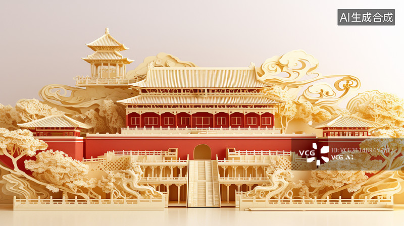【AI数字艺术】纸雕风格立体中国古建筑阁楼插画图片素材