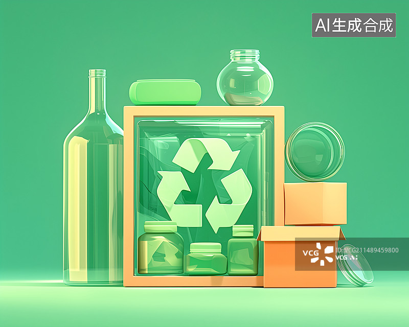 【AI数字艺术】玻璃瓶纸箱瓶子可回收循环利用保护环境3d插画图片素材