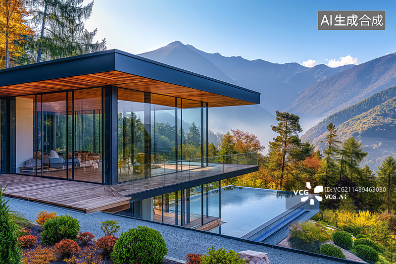 【AI数字艺术】山中的现代简约建筑风格的酒店图片素材