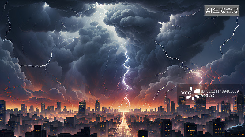 【AI数字艺术】电闪雷鸣强对流天气，夜晚城市天际线，插画风格，壁纸背景插图图片素材