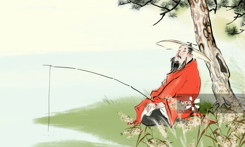 夏天松树乘凉钓鱼唐朝服饰汉服诗人唐诗图画书古代人物画动画插图图片素材