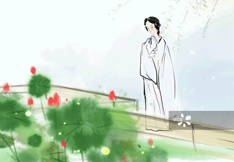 荷花柳树池塘赏花唐朝服饰汉服诗人唐诗图画书古代人物画动画插图图片素材