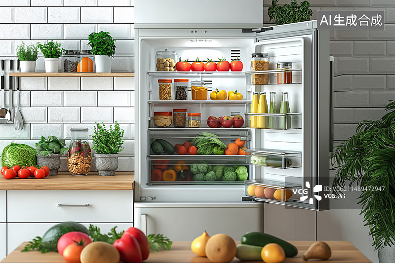 【AI数字艺术】厨房开着的冰箱里面摆满了各种食材图片素材