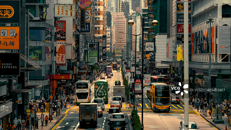 香港城市旺角街道交通的高角度视角图片素材