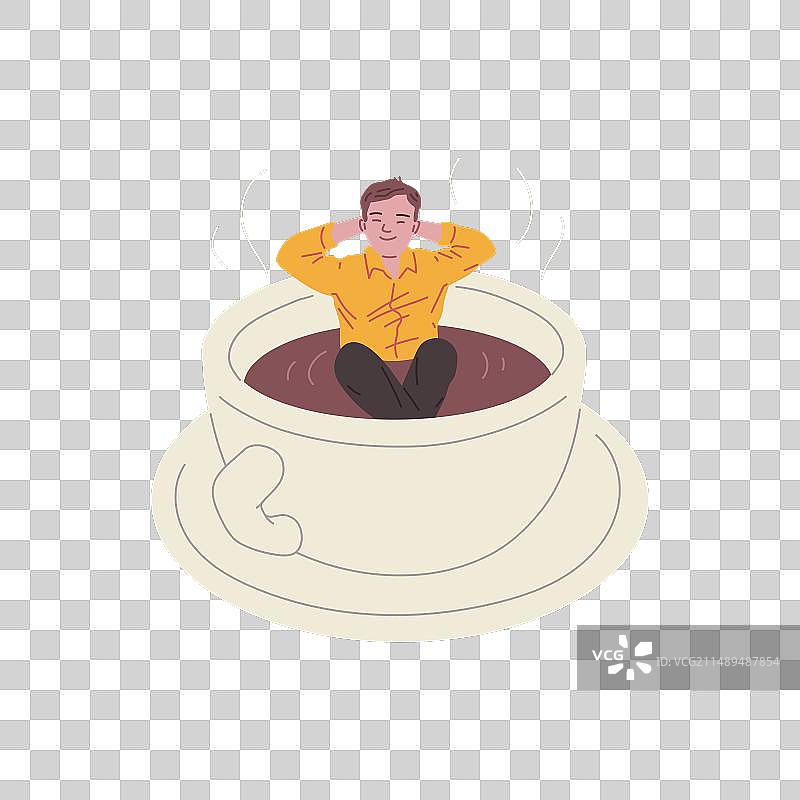 年轻男人坐在大咖啡杯里图片素材