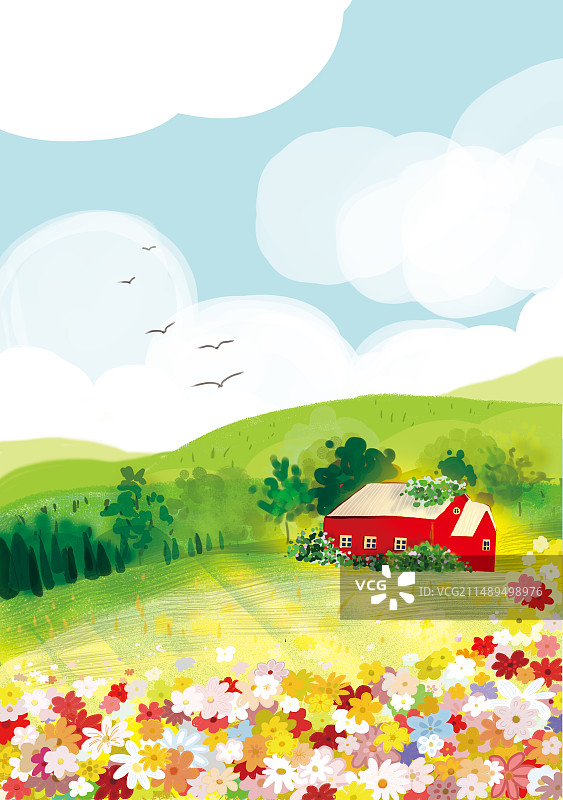 板绘清新蓝天白云晴空万里的美丽乡村田园小洋房的自然风光格桑花野鲜花与田野可爱治愈系艺术插画壁纸图片素材