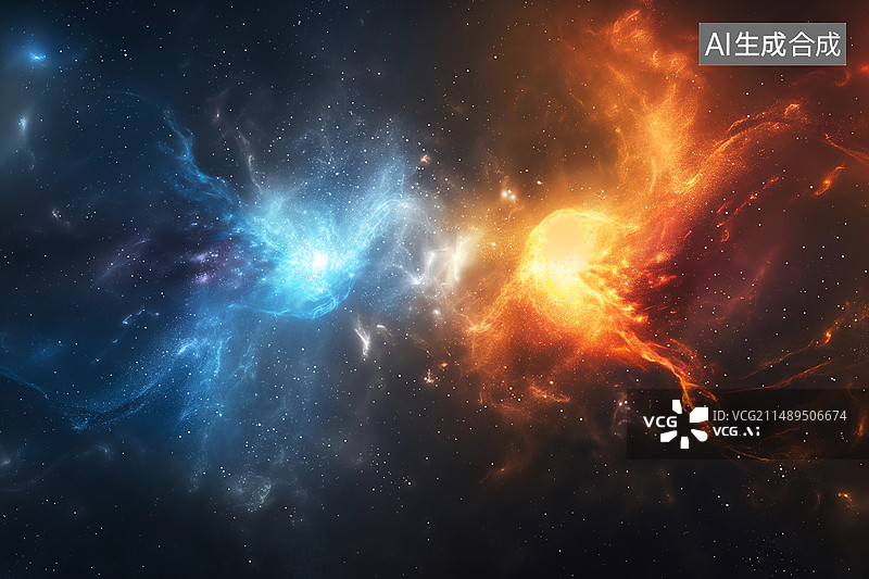 【AI数字艺术】太空红蓝星系碰撞对抗概念图图片素材