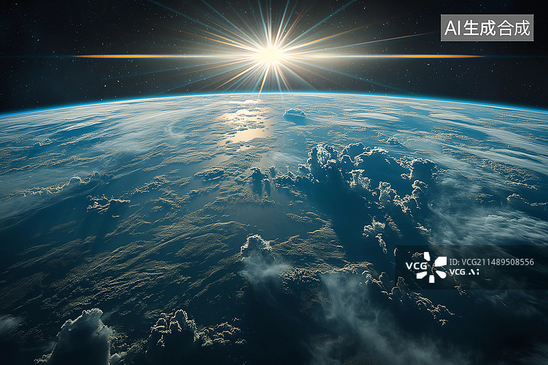【AI数字艺术】太阳光线下从太空看地球图片素材