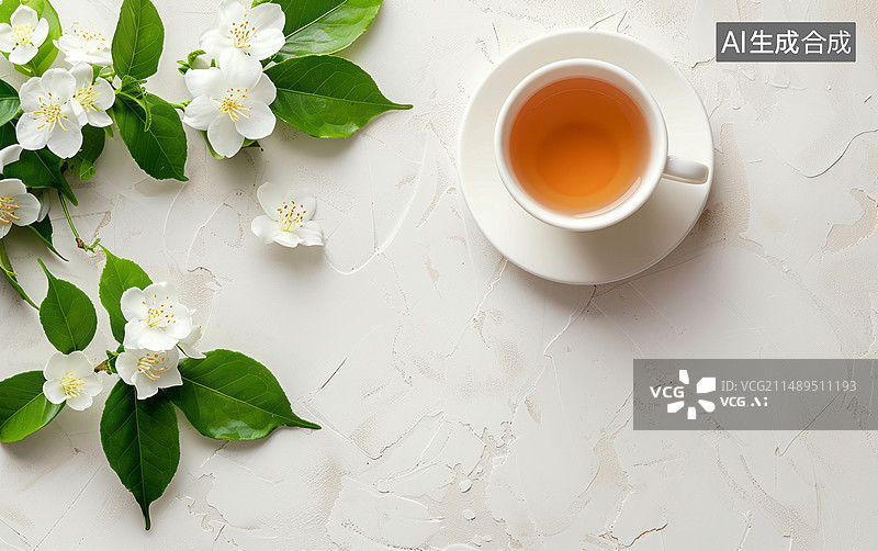 【AI数字艺术】白色背景，茶杯，茉莉花图片素材