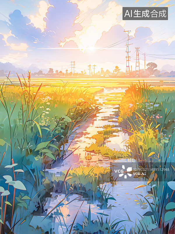 【AI数字艺术】夏日田野插画，蓝天白云午后阳光，远处有高压电线图片素材
