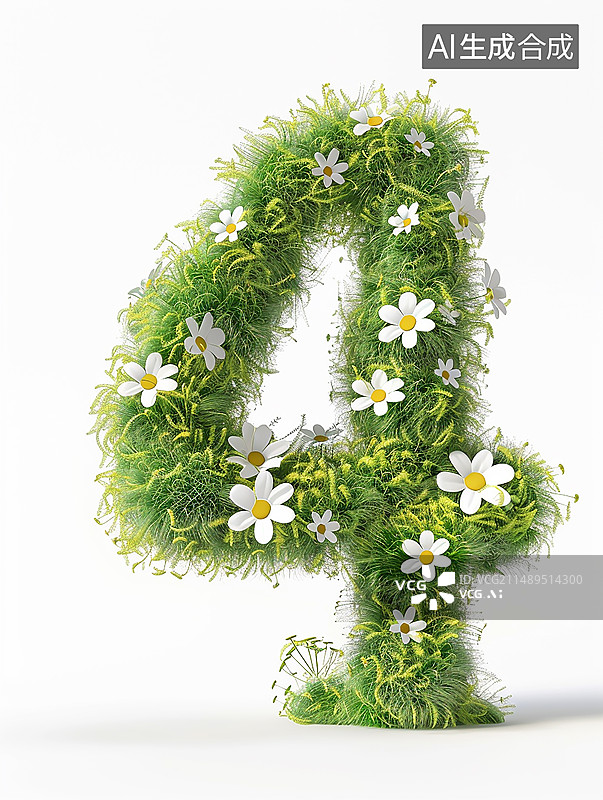 【AI数字艺术】清新绿色植物花朵组成数字4图片素材