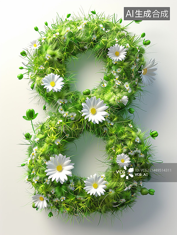 【AI数字艺术】清新绿色植物花朵组成数字8图片素材