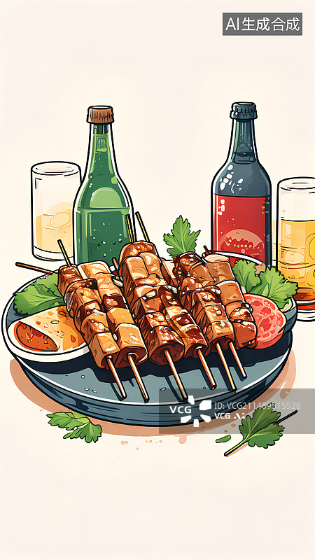 【AI数字艺术】烤串，烧烤，撸串，啤酒，插画，美食，壁纸图片素材