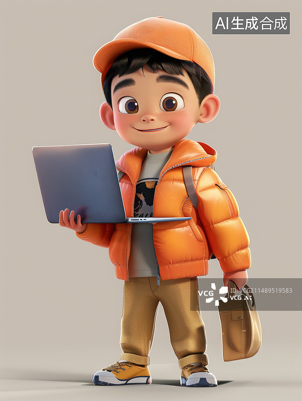 【AI数字艺术】白色背景，一个身着橙色的男孩，背着背包，拿着笔记本电脑图片素材