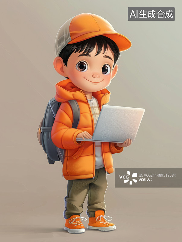 【AI数字艺术】白色背景，一个身着橙色的男孩，背着背包，拿着笔记本电脑图片素材