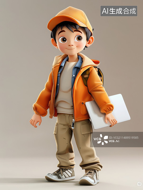 【AI数字艺术】白色背景，一个身着橙色的男孩，背着背包，拿着笔记本电脑图片素材