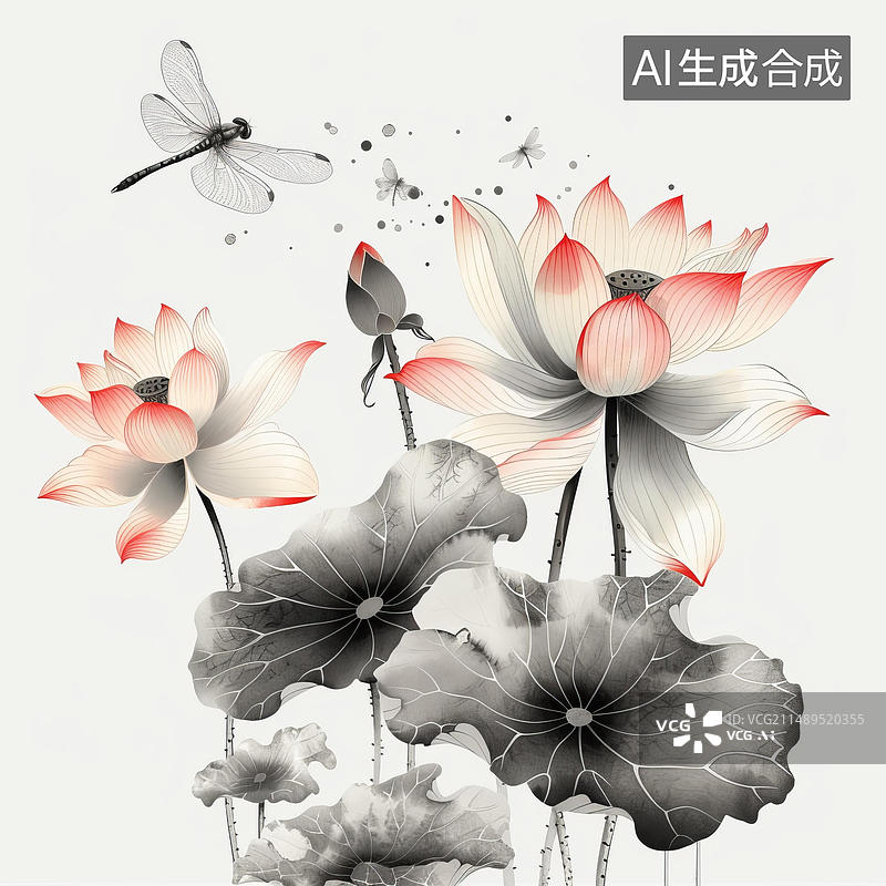 【AI数字艺术】一幅红白荷花图荷叶翠绿还有一只蜻蜓图片素材
