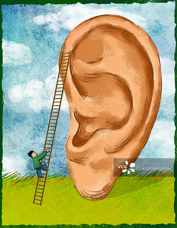 一个商人爬上梯子，低声耳语，对着大耳朵说图片素材