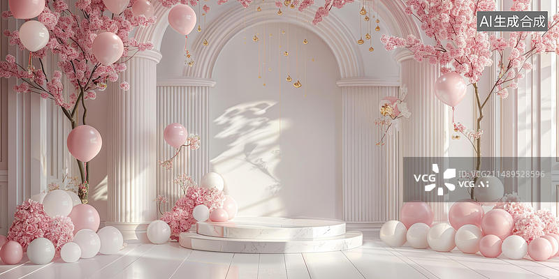 【AI数字艺术】粉色和白色气球与粉色花朵和大理石讲台图片素材