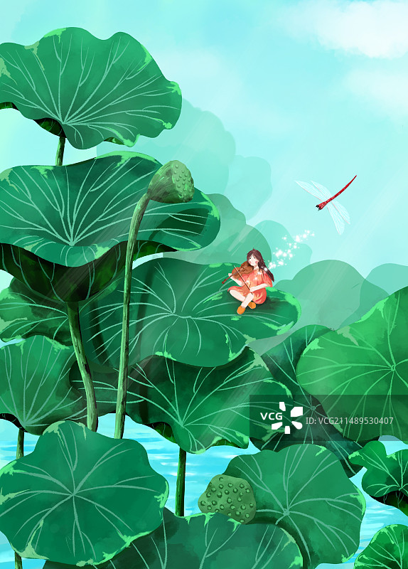 夏至 节气 插画 蜻蜓 荷叶图片素材