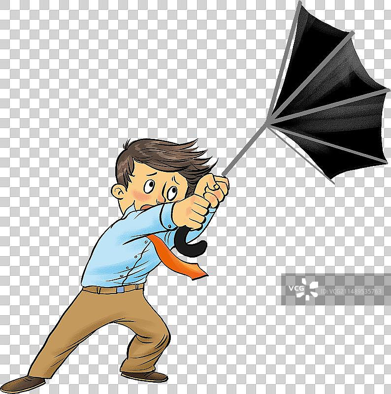 被热带风暴吹翻了雨伞的男人图片素材