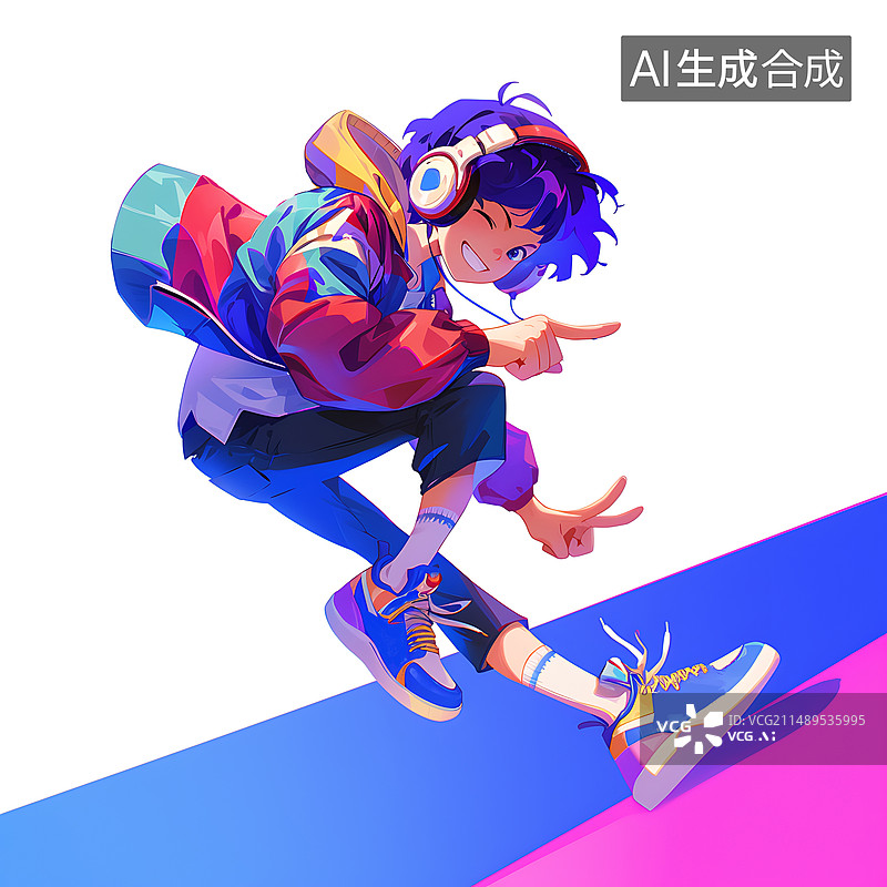 【AI数字艺术】一个男生带着耳机插画，五四青年节概念场景插画图片素材