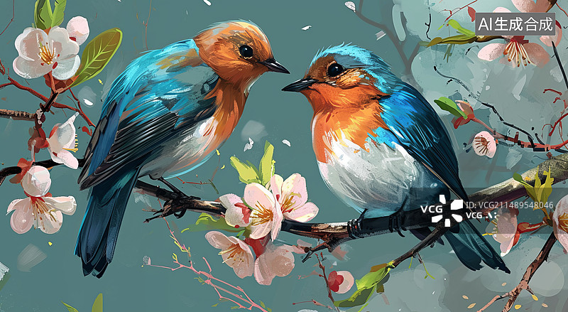 【AI数字艺术】两只鸟在梅花开放的枝头图片素材