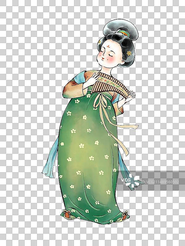 手绘古风人物插画素材，穿唐朝汉服的小女孩演奏古代传统民族乐器，排箫。图片素材