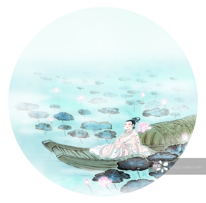 荷塘中的小船上采莲的汉服女子图片素材
