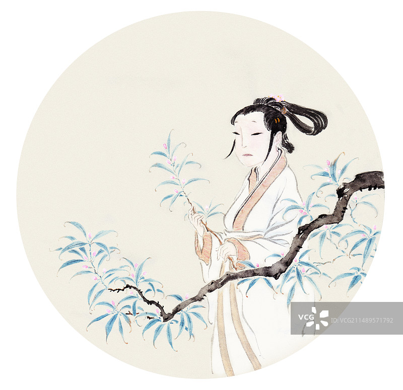 庭院中开满花朵的树下一位含情脉脉的汉服女子图片素材