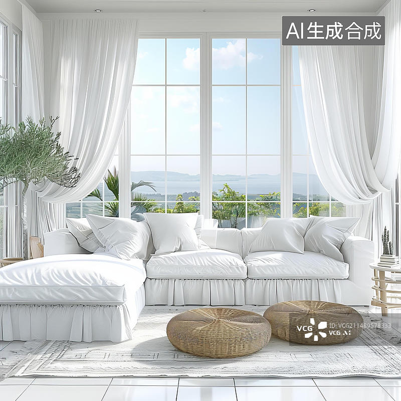 【AI数字艺术】明亮通风的客厅白色沙发和大窗户图片素材