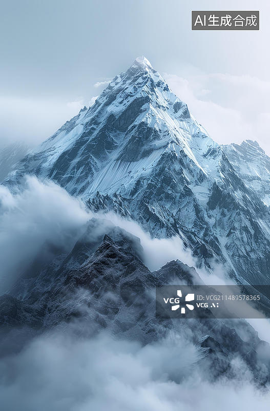 【AI数字艺术】壮丽的珠穆朗玛峰在云雾中若隐若现图片素材