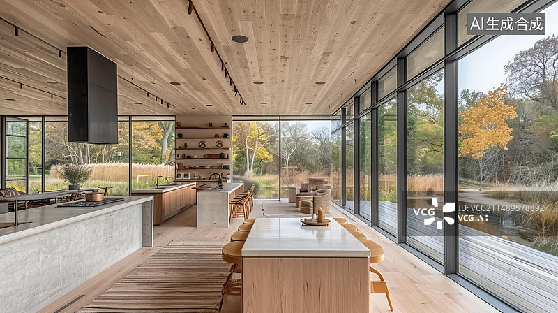 【AI数字艺术】现代住宅有大玻璃窗和木质内部图片素材