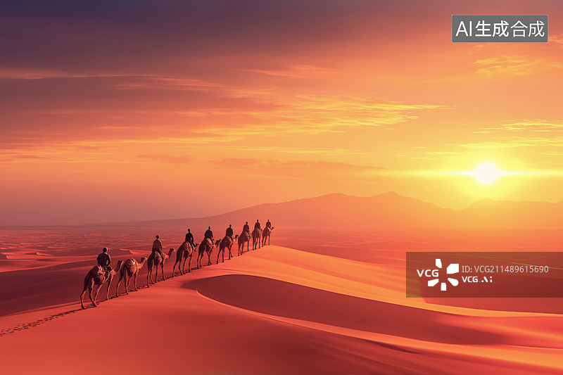 【AI数字艺术】日落时刻沙漠中的骆驼图片素材